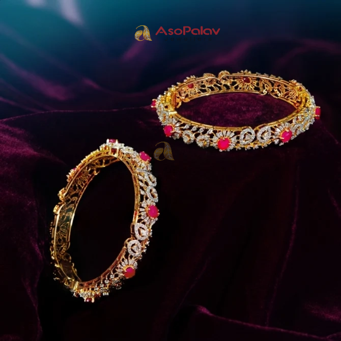 Regal VVS Diamond Bangles with Green Colour Stones